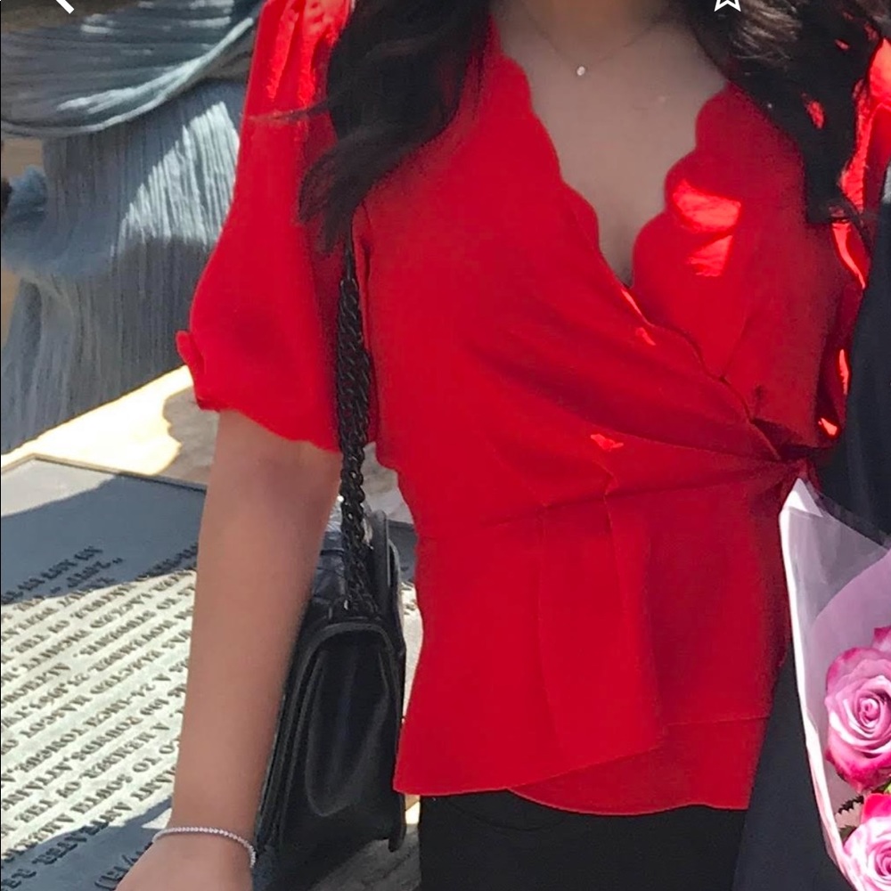 TopShop scallop top red size 6 wrap bow dressy